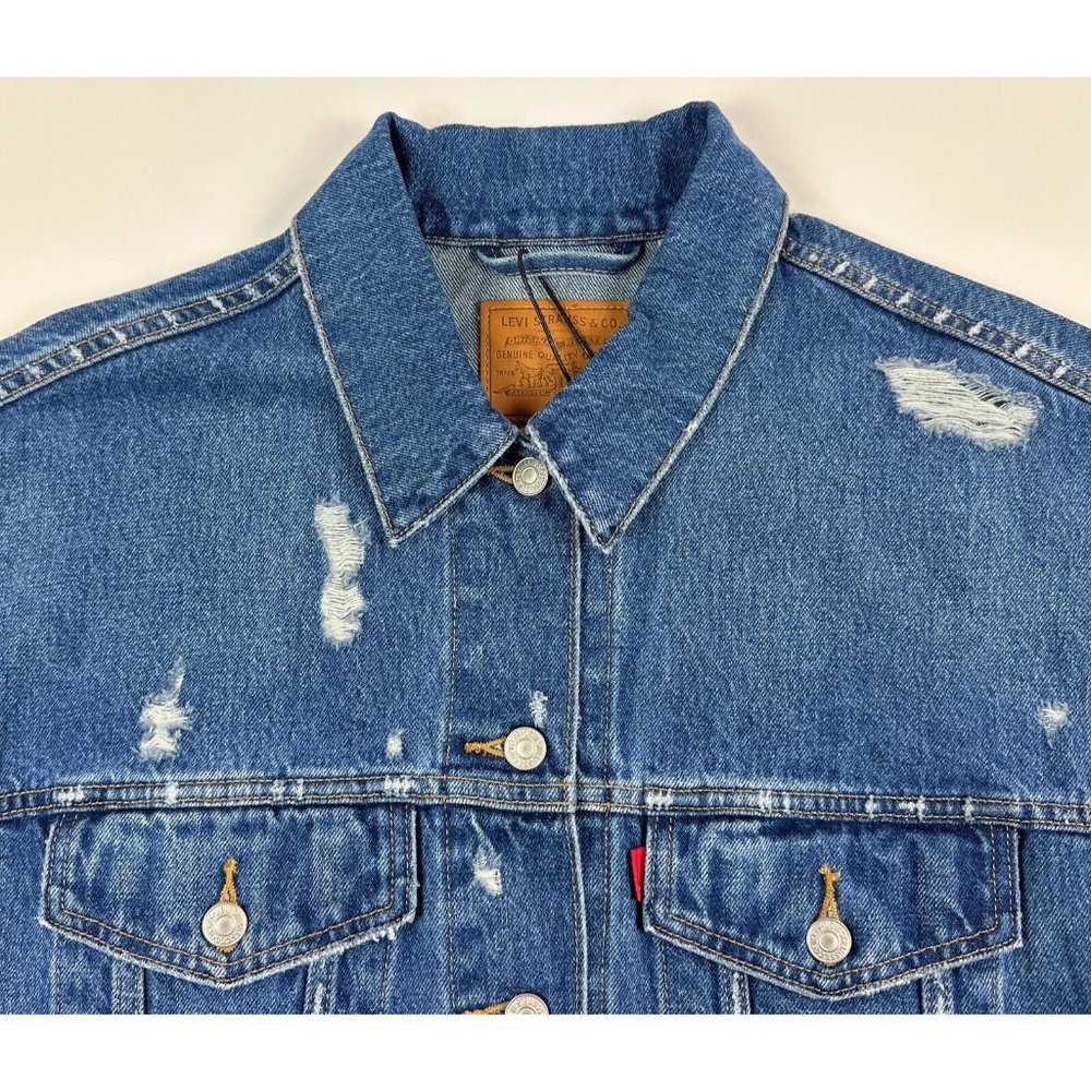 Levis Premium 90s Trucker Womens Dark Blue Jean Denim Jacket Distressed Retro - Picture 2 of 12